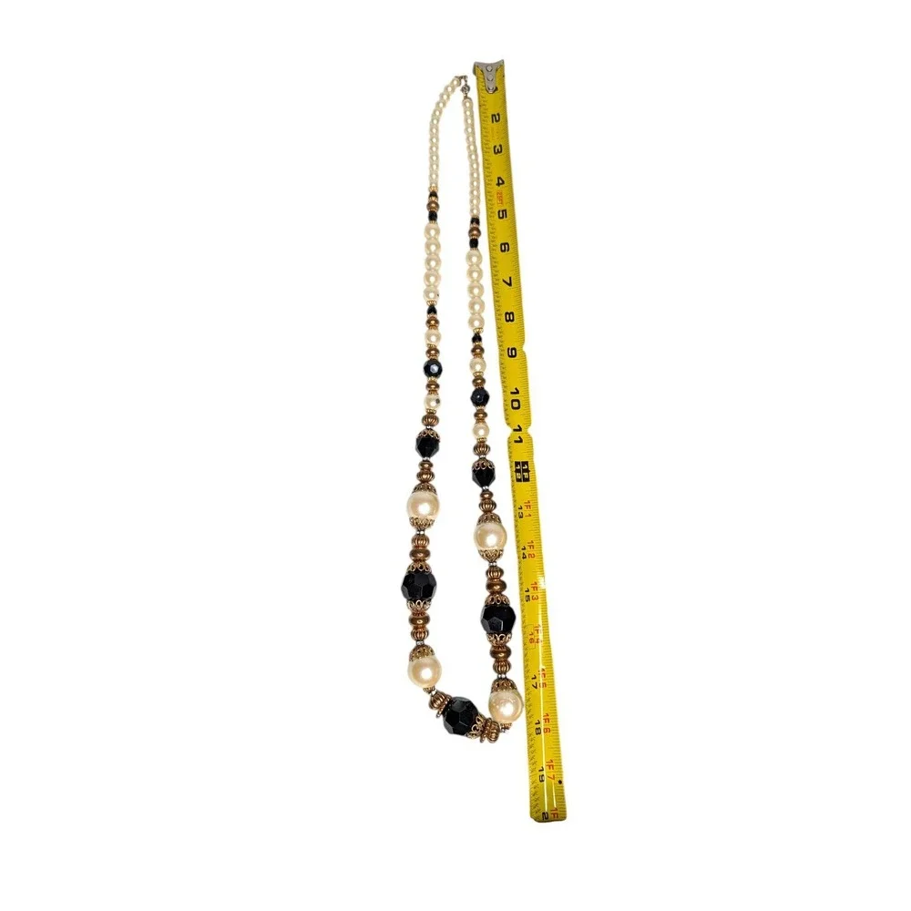 Vintage Style Black and‎ Cream Faux Pearl Beaded Necklace Gold Tone Accents